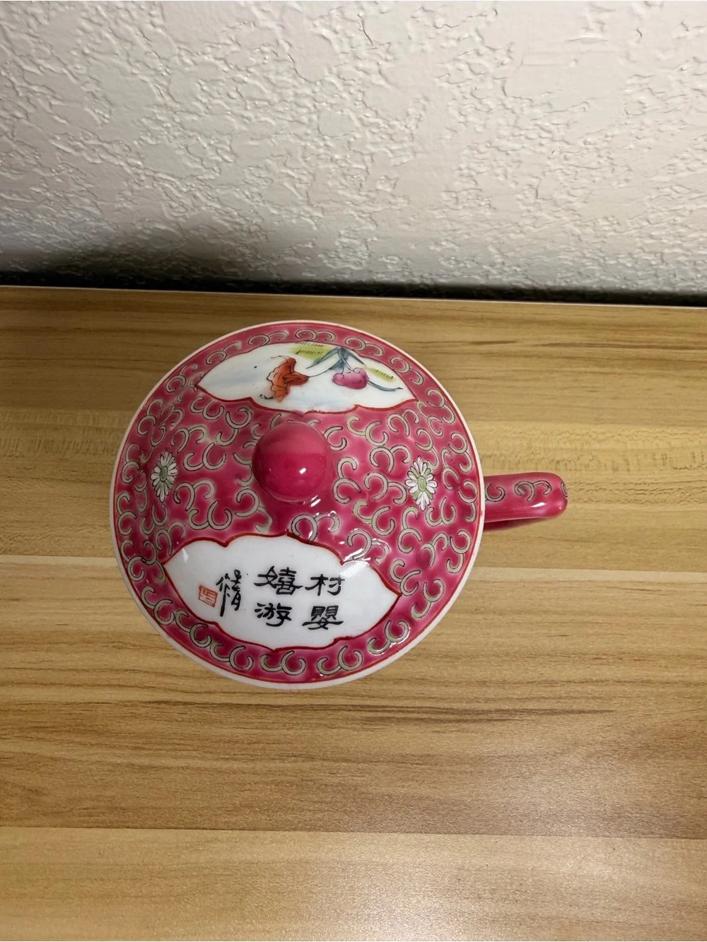 Vintage Chinese Hand-Painted Porcelain Lidded Mug Rose Longevity Coffee Tea